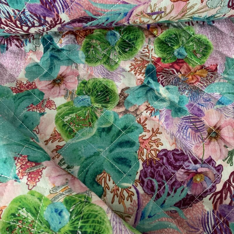 Tissu coton matelassé lagon fleuri