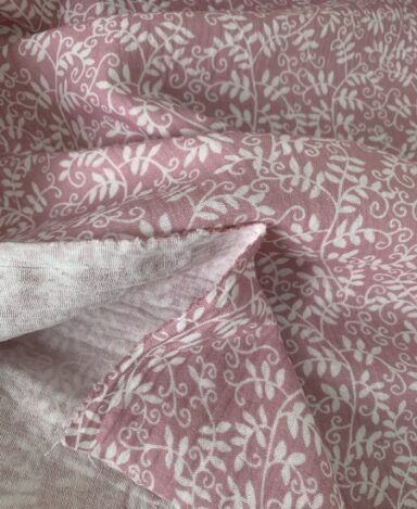 Tissu double gaze lilas motifs feuilles – Image 4