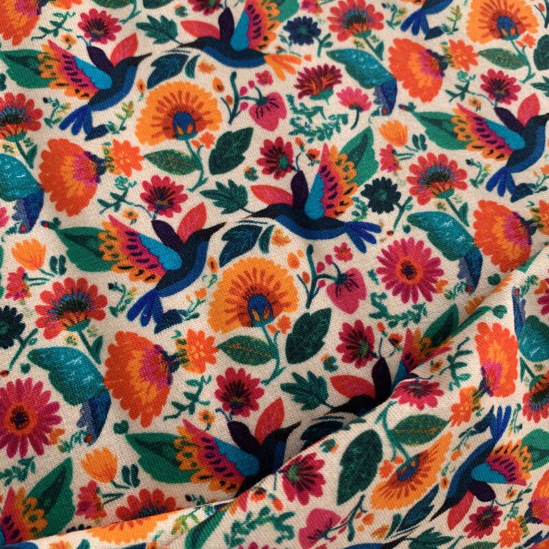 Tissu jersey de coton oiseaux multicolores