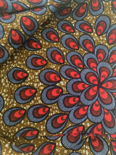 Tissu wax bleu et rouge plumes – Image 4