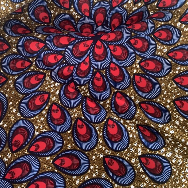 Tissu wax bleu et rouge plumes