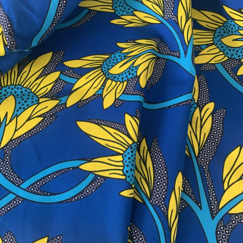 Tissu wax bleu et jaune fleurs