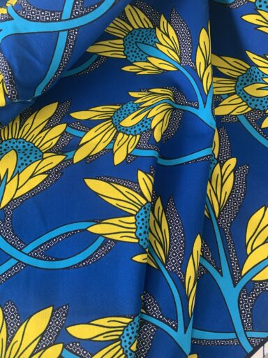 Tissu wax bleu et jaune fleurs